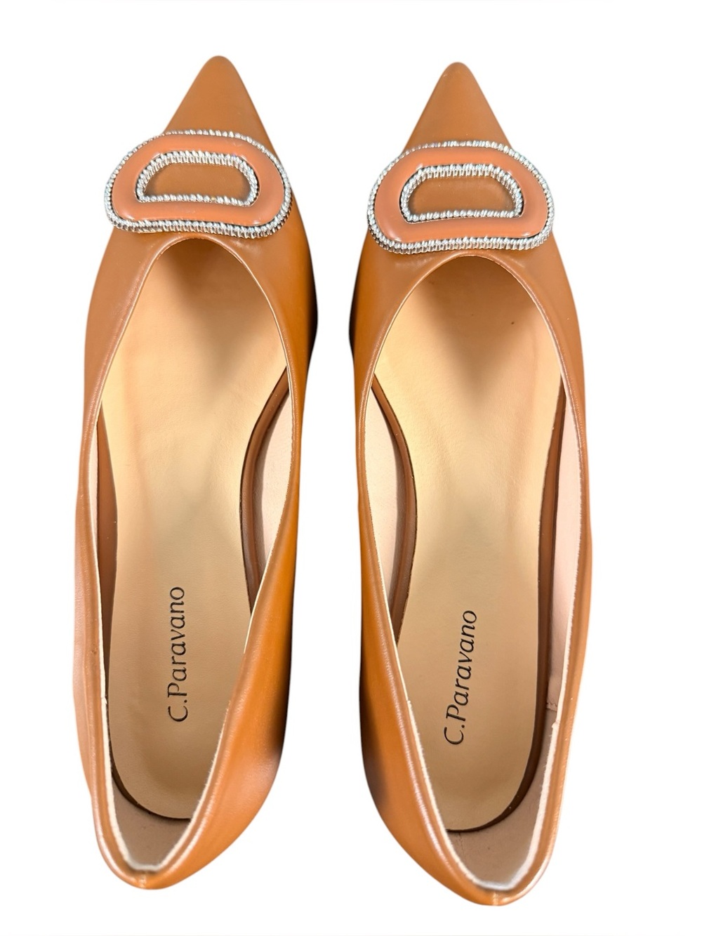 C. Paravano Round Buckle Leather Flats w/ Silver Studded trim in Brown Size 39 - Picture 5 of 11